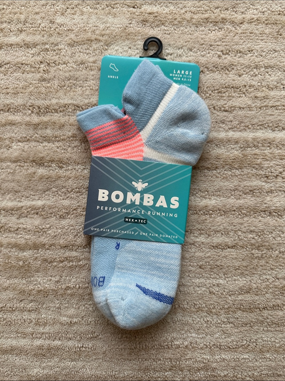 Bombas Performance Running Hex-Tec Ankle Sock Blue Pink Size Large